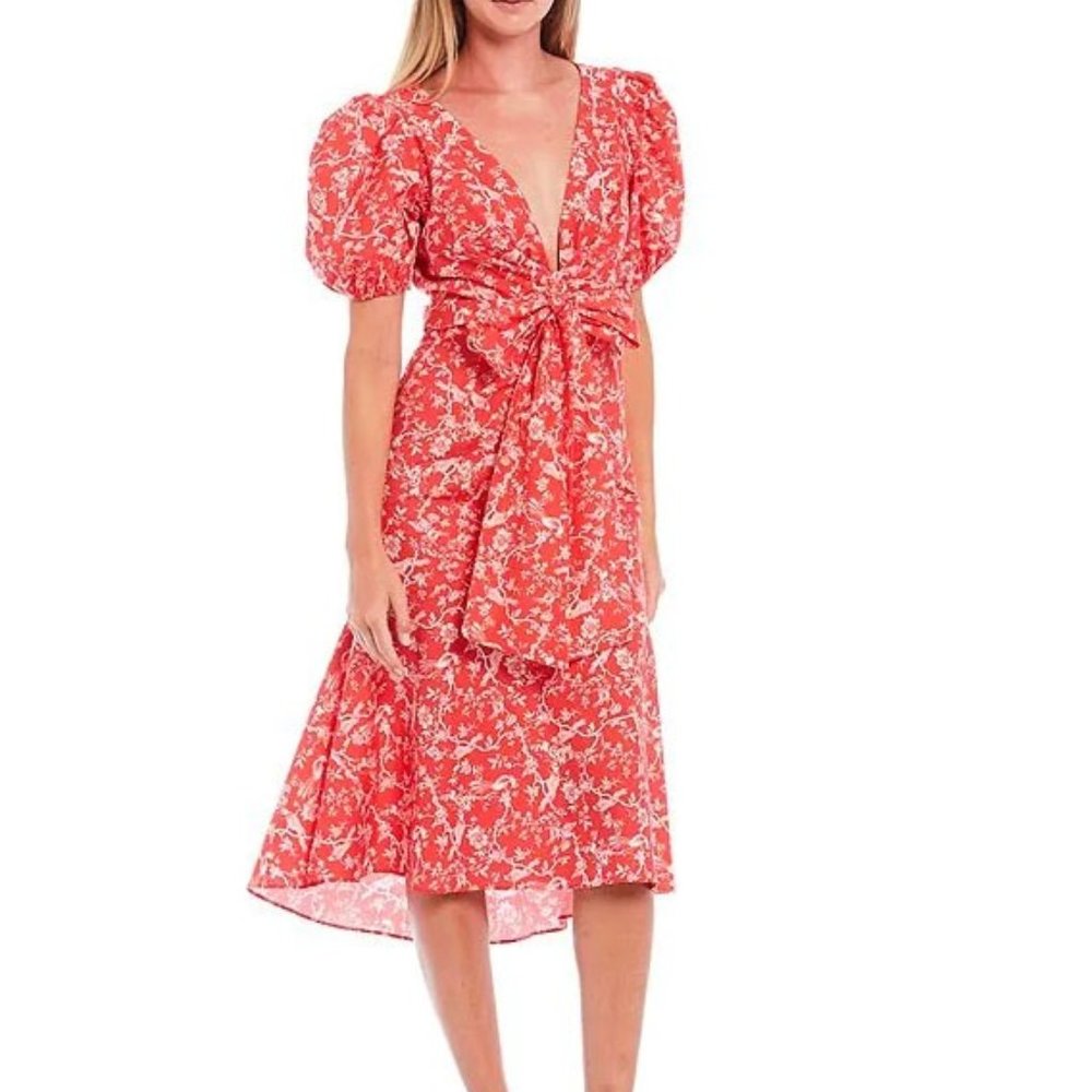 Sachin & Babi Courtney Floral Puff Sleeve Deep V-Neck Bow Front Midi Dress